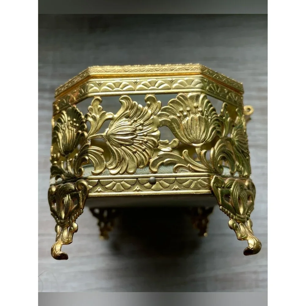 French 1920s filigree  brass & glass casket Ormolu gilt jewelry box EXCELLENT!